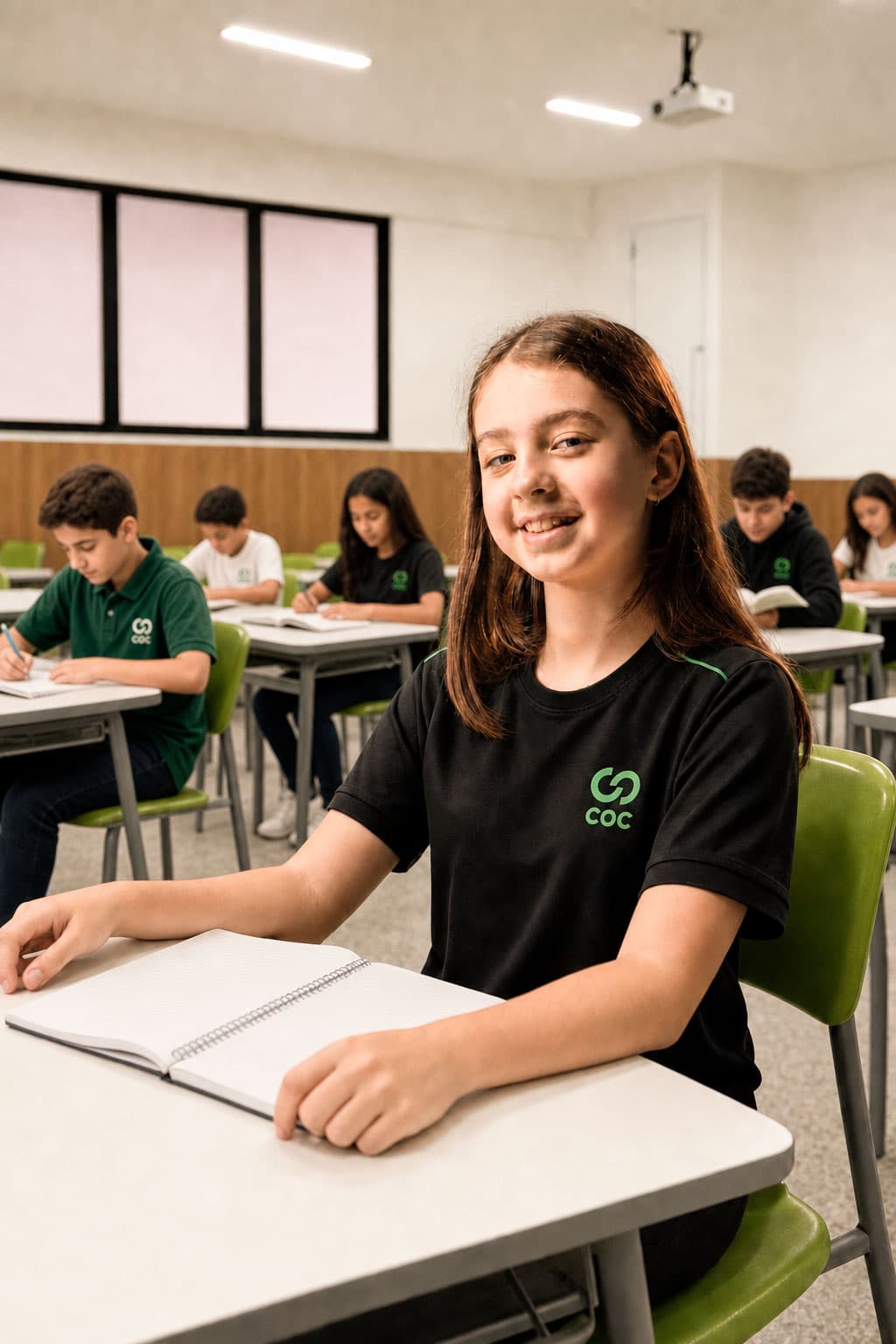 Aluna do Colégio COC sorrindo em sala de aula