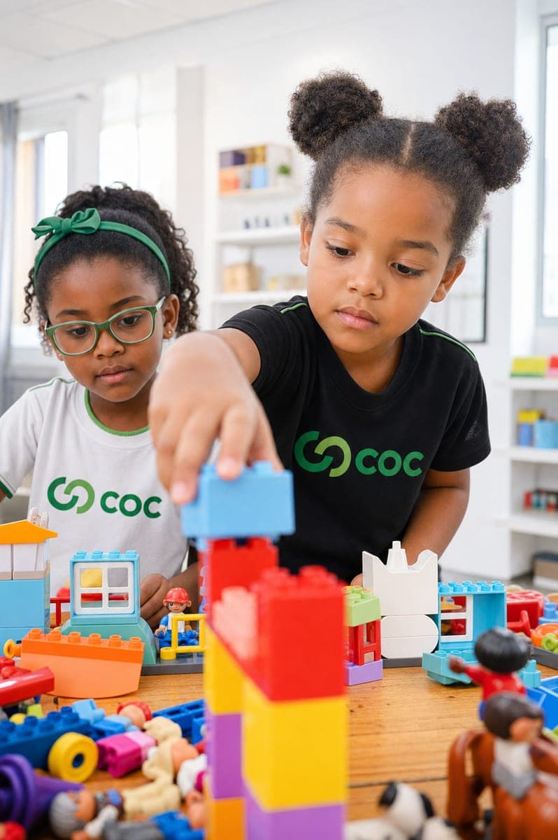 Alunas do COC montando uma construção com blocos em sala de aula