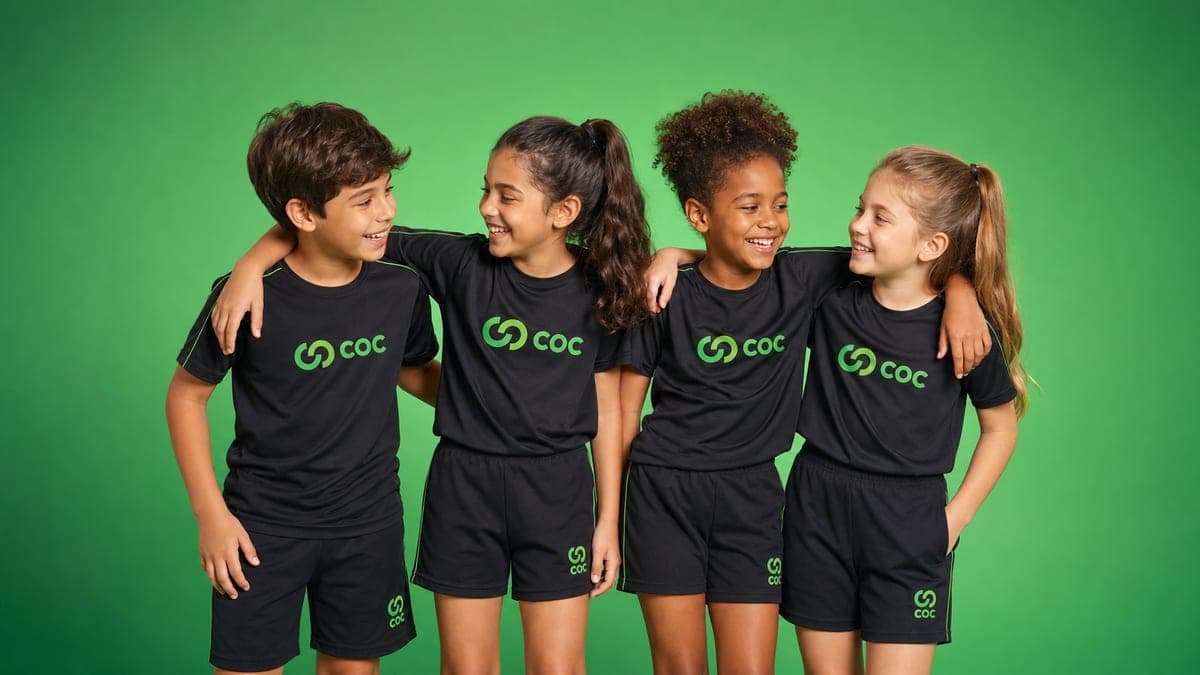 Alunos do COC de braços dados, com o uniforme da escola