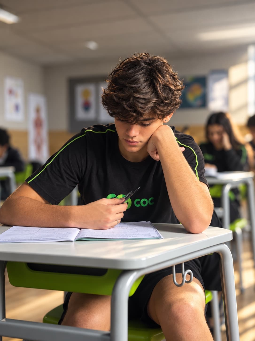Estudante do COC debruçado sobre o caderno, caneta na mão, durante uma aula