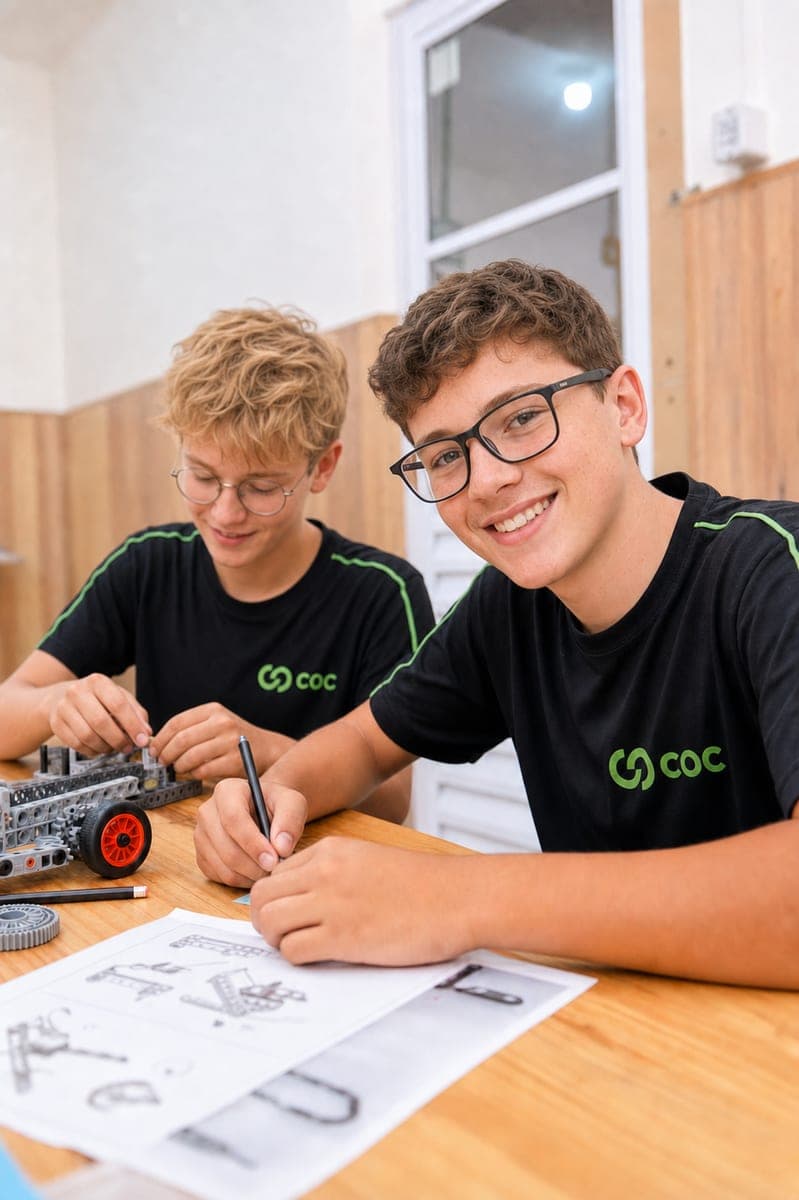 Alunos do COC montando um kit de robótica a partir do manual de instruções