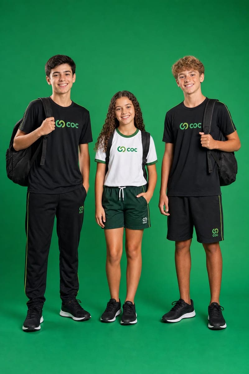 Três alunos do COC de mochila, com o uniforme da escola